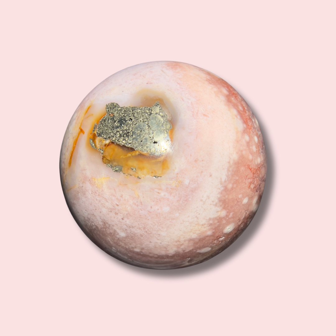 XL Pink Amethyst &amp; Flower Agate Sphere With Pyrite - Made in Mother Nature