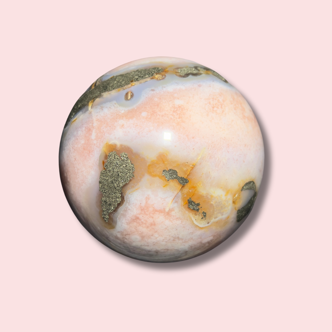 XL Pink Amethyst &amp; Flower Agate Sphere With Pyrite - Made in Mother Nature