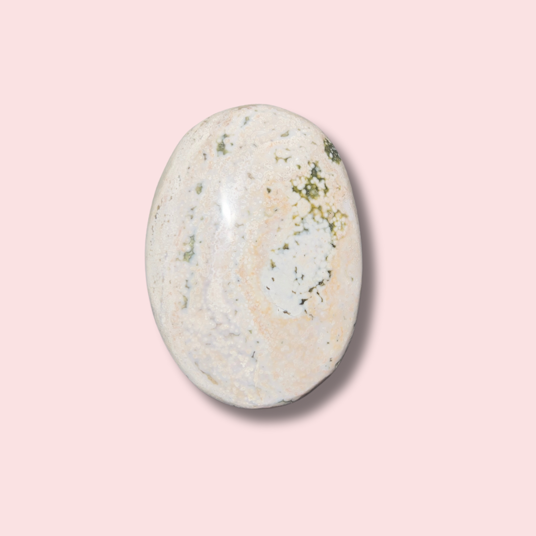 Beautiful Pastel Sea Jasper Palm Stone With Pink & Green Orbs - Made in Mother Nature