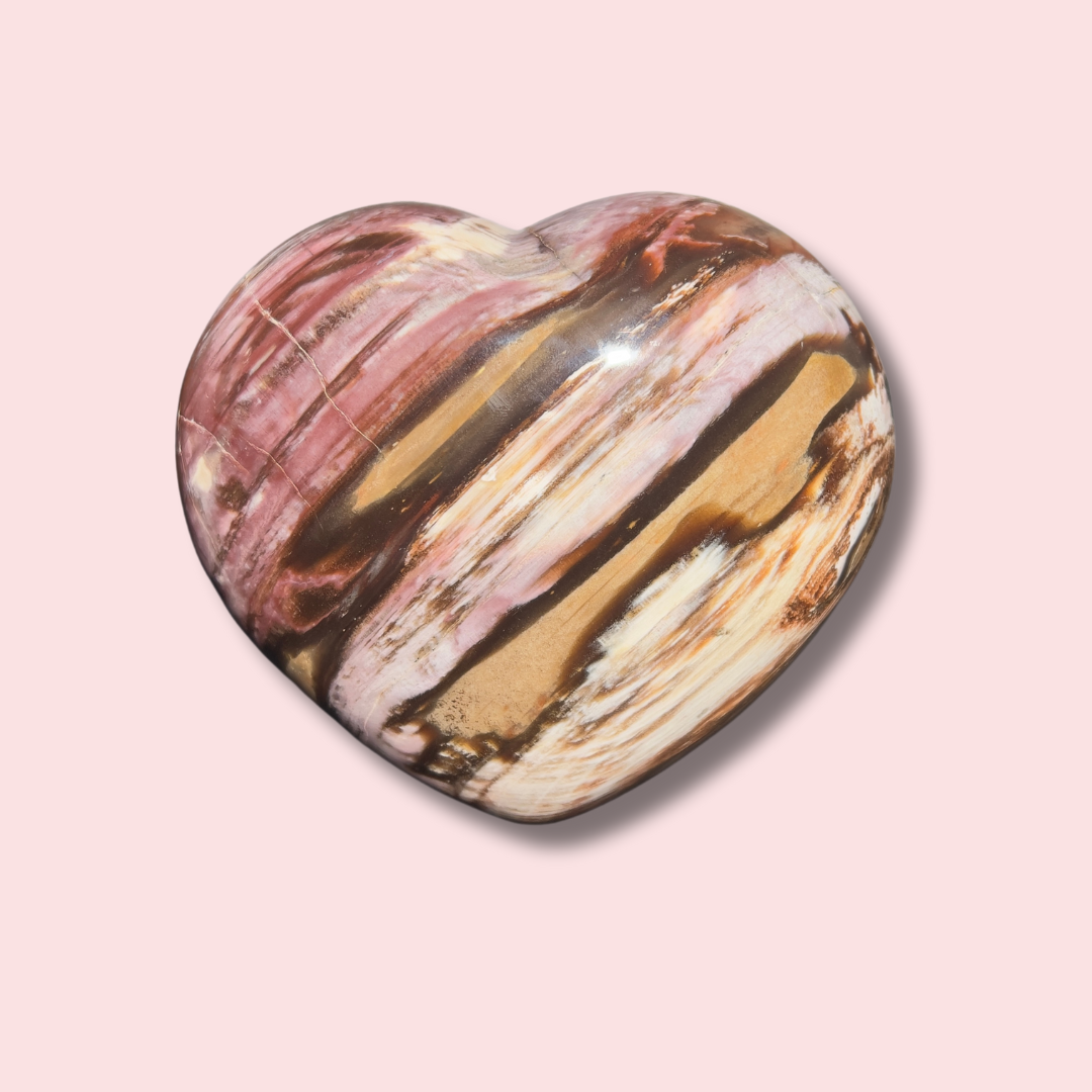 Beautiful Pink &quot;Chocolate&quot; Banded Petrified Wood Heart - Made in Mother Nature