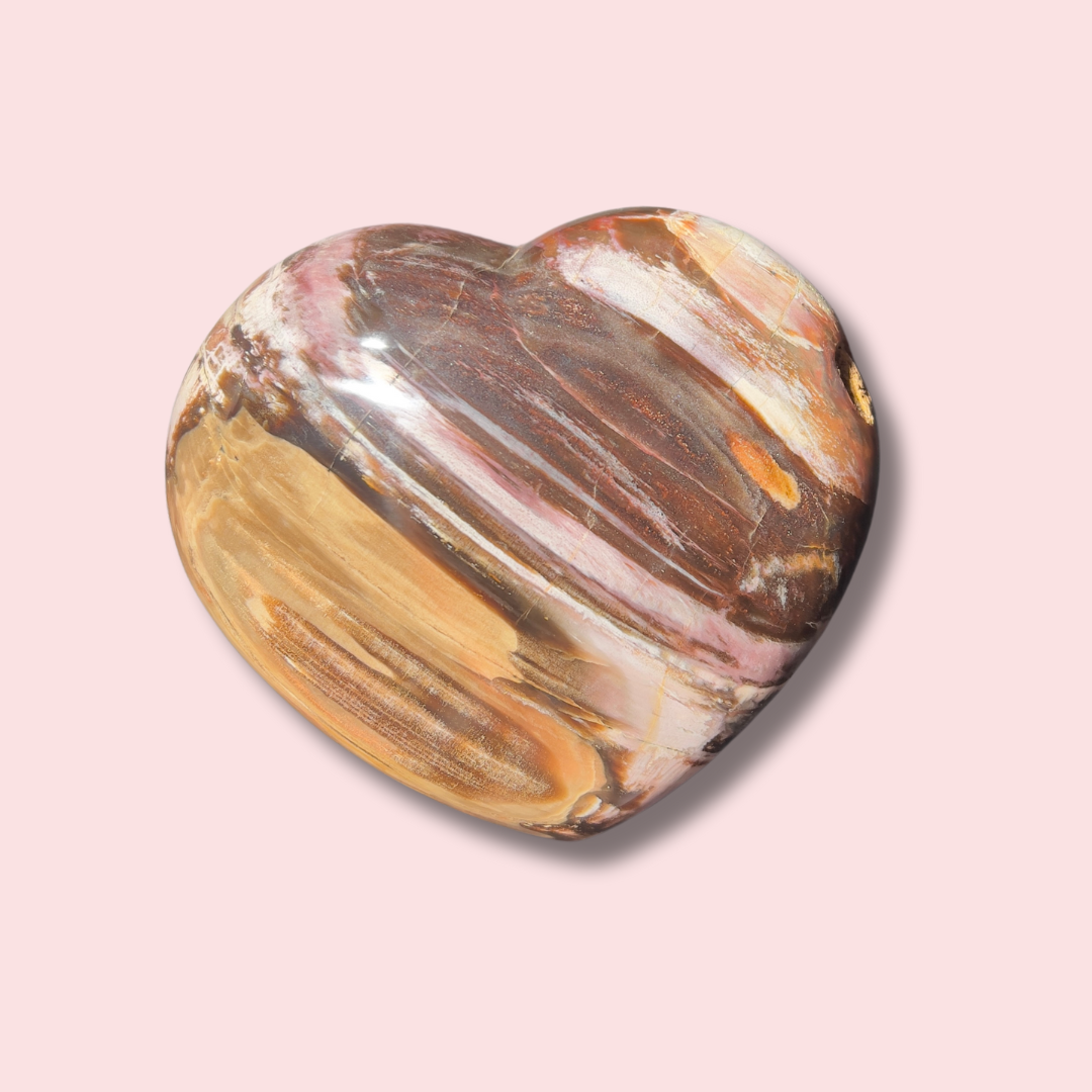 Beautiful Pink &quot;Chocolate&quot; Banded Petrified Wood Heart - Made in Mother Nature