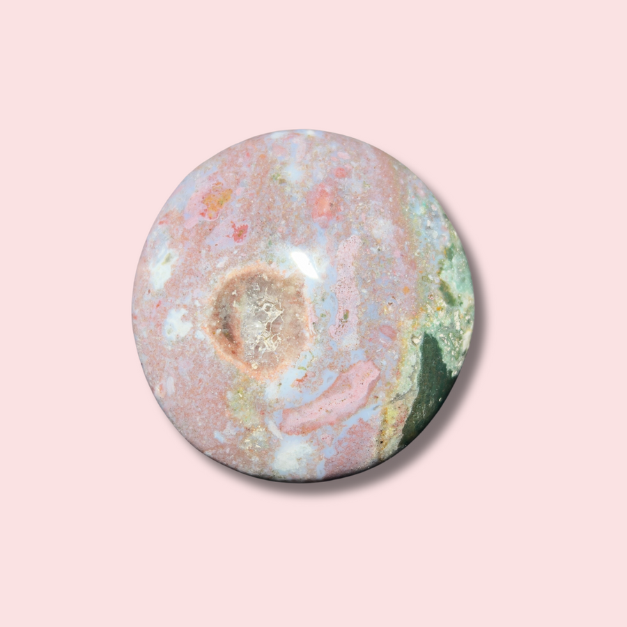 Pink & Purple Sea Jasper Palm Stone With Quartz Pocket - Made in Mother Nature