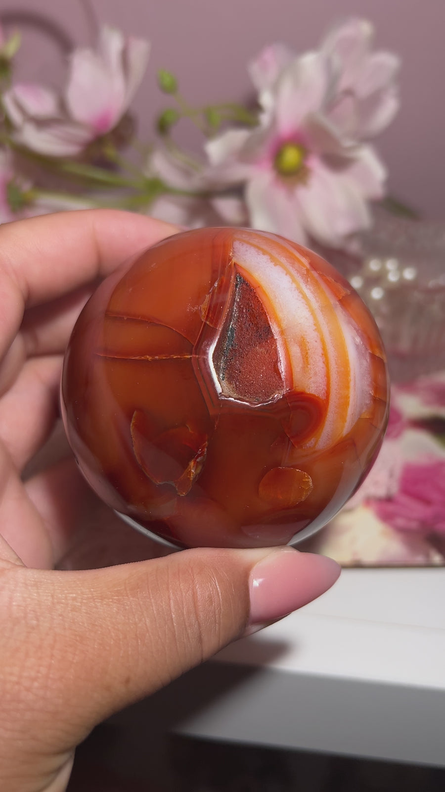 Stunning Banded Carnelian Sphere With Sparkly Druzy Cave