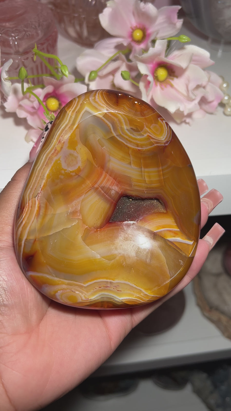 Funky Yellow Carnelian Bowl With Druzy & Crazy Banding